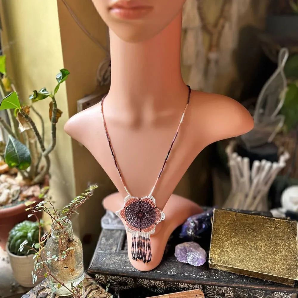 Hand Beaded Flower Fringe Boho Western Necklace
